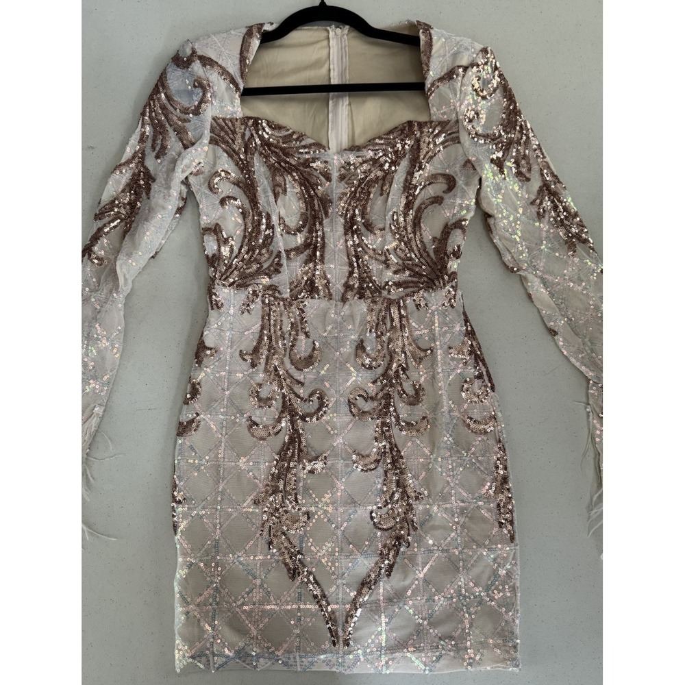 Rose Gold Sequin Embellished Dress S Feather Cuffs Nude Mesh Party Cocktail Glam - Picture 10 of 16